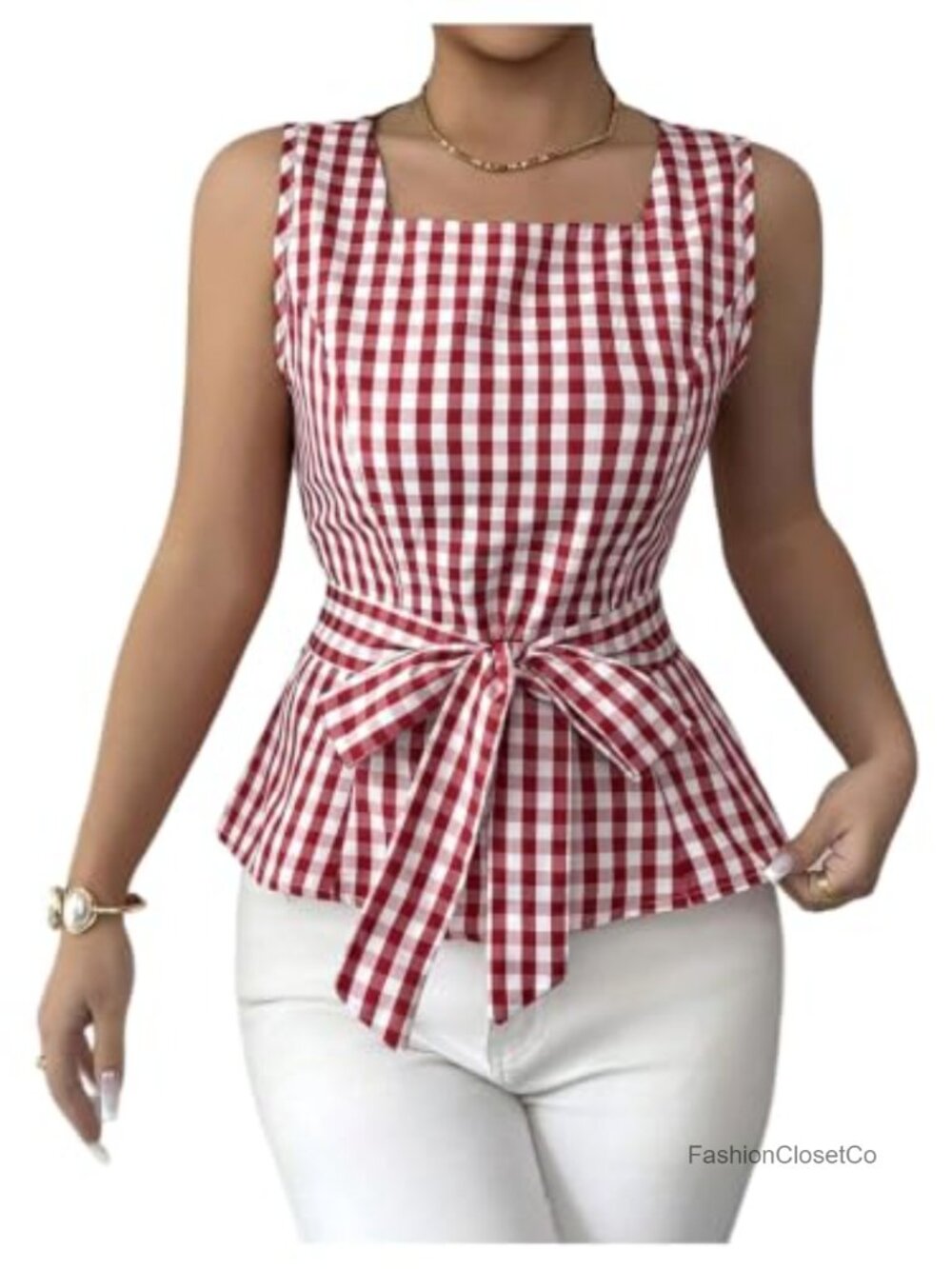 Plaid Square Neck Tank Top Sleeveless Bow Knot Tie Front Peplum Women's